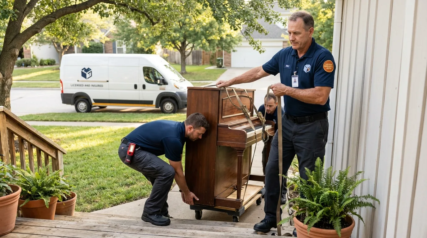 Licensed piano movers securing grand piano in Ely, NV
