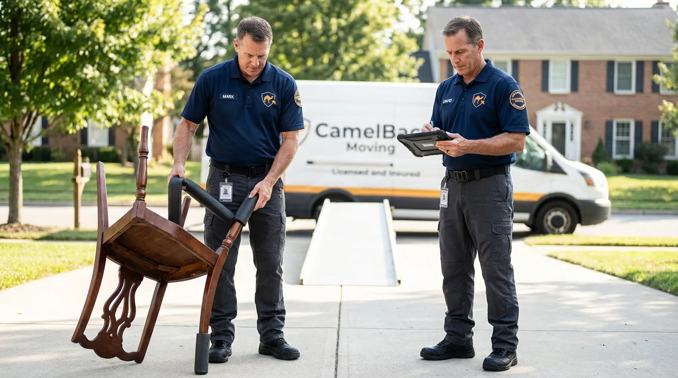 Movers inspecting furniture for damage prevention before loading in Ely, NV