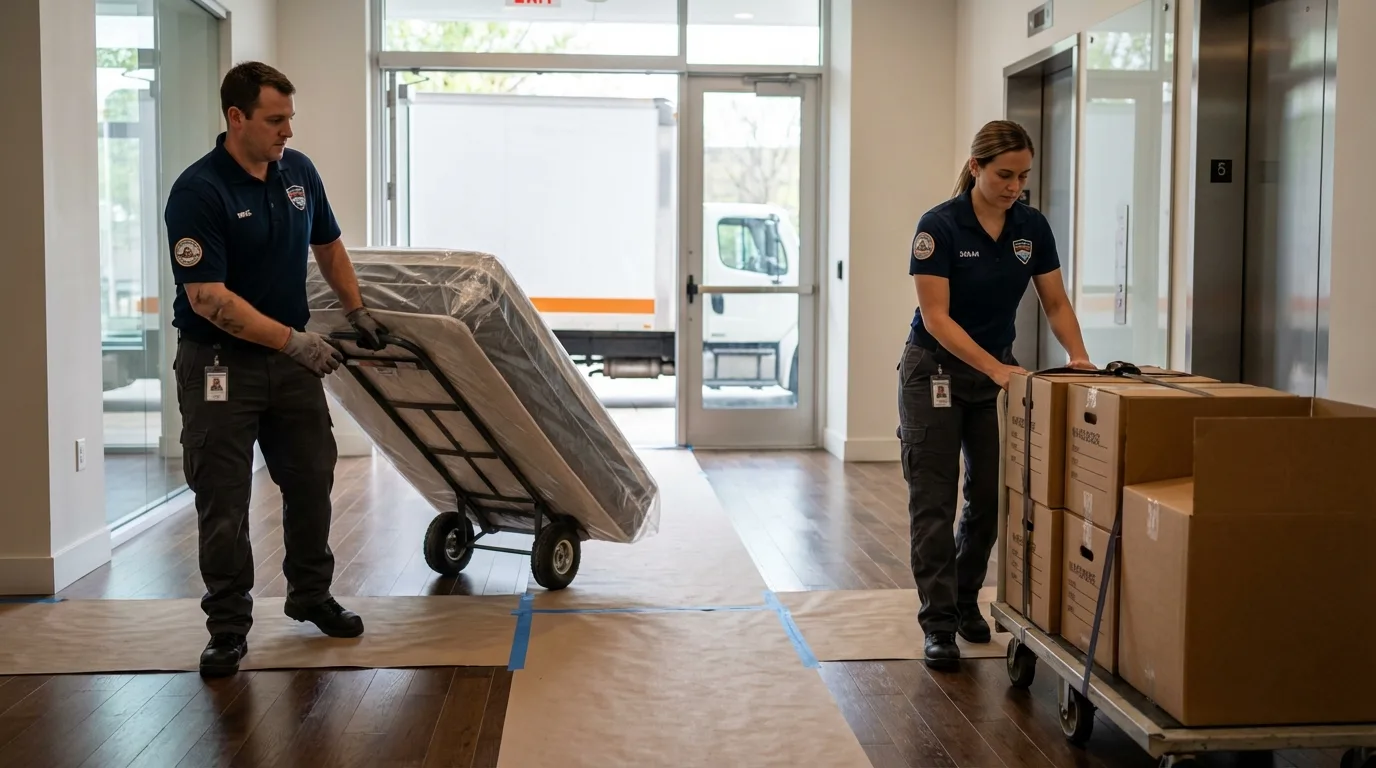 Professional apartment movers loading elevator in Ely, NV